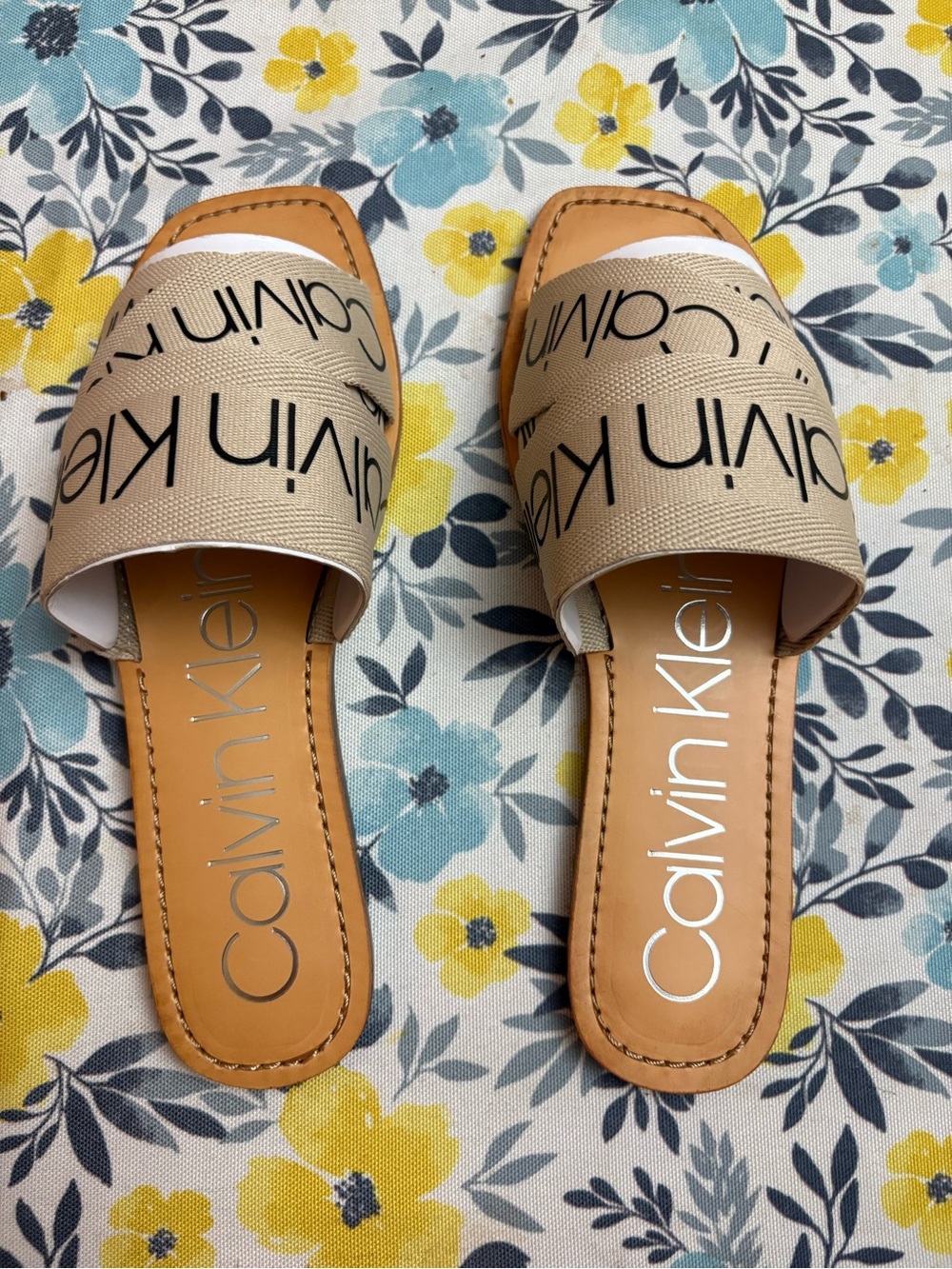 Calvin Klein Beige Logo Slide Sandals with Tan Footbed